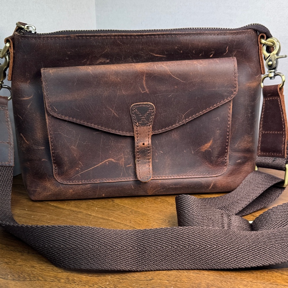 S-Zone Dark Brown Distressed Cowhide Leather Crossbody Bag, Medium Purse